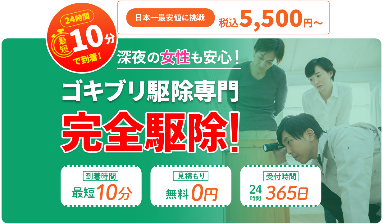深夜の女性も安心!ゴキブリ駆除専門業者のゴキブリモンスターでゴキブリを完全駆除!最短10分で駆けつけ、お見積りは無料!365日24時間対応です!